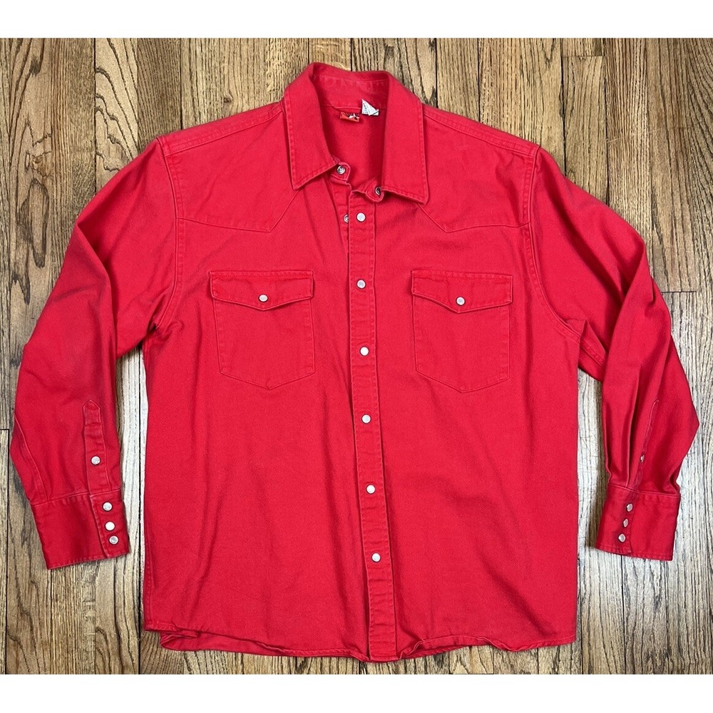 Vintage Marlboro Pearl Snap Shirt Red Denim‎ Heavyweight Pockets Men's Sz Large